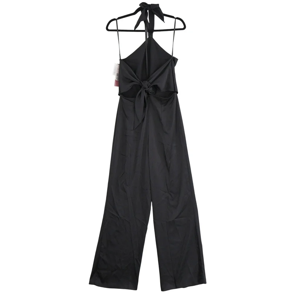 AQUA‎ Halter Neck Wide Leg Satin Jumpsuit Womens 12 Black Hostess Event $268 NWT - Picture 5 of 16